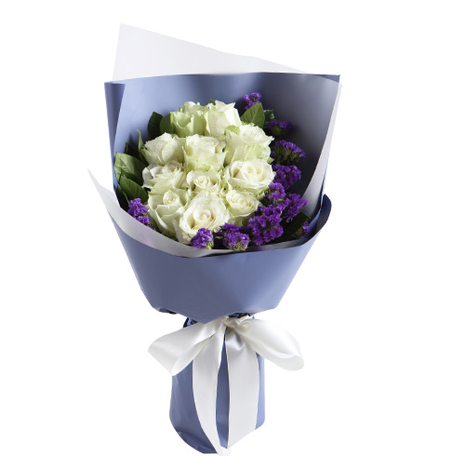 ホワイトローズ 11本 と紫の可憐な花のコントラストが素敵な花束 Ch 中国にいる家族や彼女に花を贈ろう