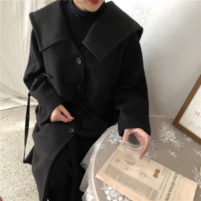 シックな黒コート レディースロングアウター ブラック トレンドメンズライク かっこいい ゆったり オーバーサイズ 秋冬 B917 Idear