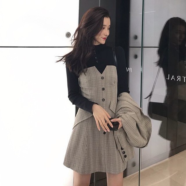 セットアップ ワンピース レディース チェック 秋冬 韓国 ファッション レディース ワンピース スーツ ジャケット セット 秋服 レディース チェック柄 セットアップ キャミワンピース テーラードジャケット 大人可愛い 上下セット レディース Vestito