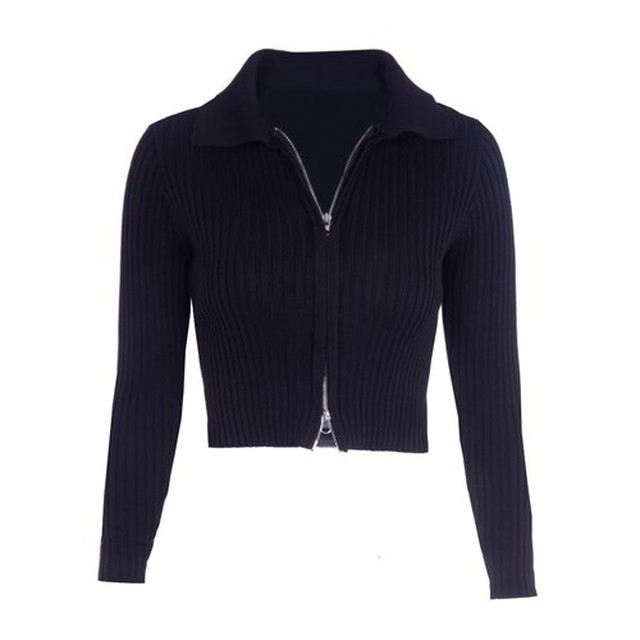 【Cat & Parfum】Cropped Rib Knit Zipper Tops