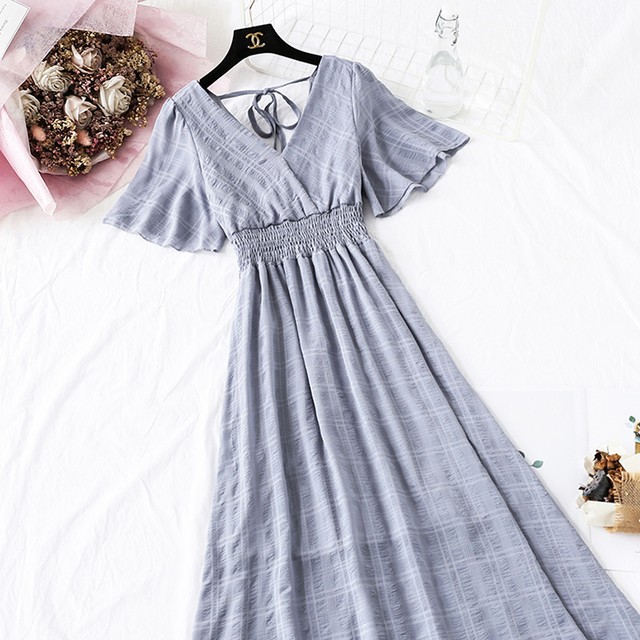 送料無料 5色 ワンピース 半袖ワンピース カシュクールワンピース Vネック ロングワンピース ロング丈 マキシワンピース マキシ丈 カシュクール Vネック ハイウエスト 脚長効果 ウエストゴム 裏地付き フレアシルエット 薄手 春 夏 ペールトーン リゾートドレス リゾート