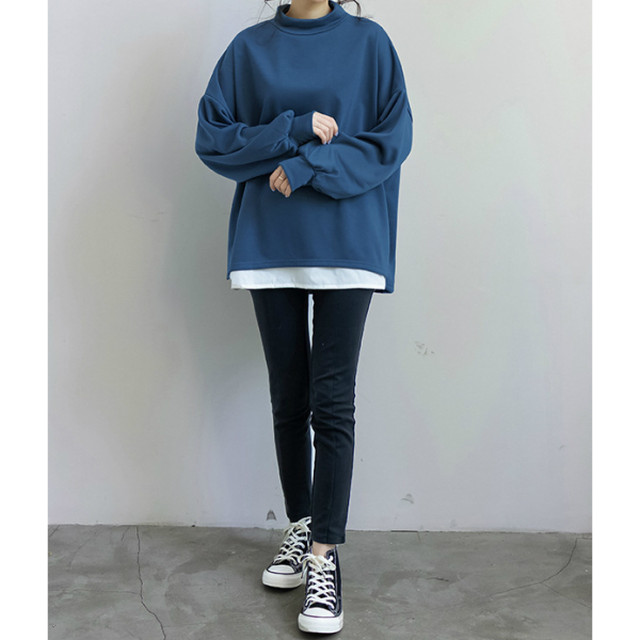 スェット 重ね着風 ドッキング シャツ トレーナー スエット 付け裾 つけ裾 重ね着風 Tシャツ プルオーバー ボトルネック プチハイ チュニック 見せ レディース 長袖 トップス 春夏 プルオーバー 秋冬 体型カバー カジュアル スリット 無地 重ね着 レイヤード カットソー