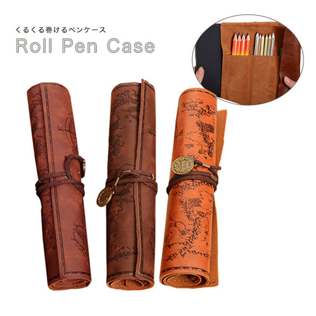 ペンケース ロールペンケース 巻き 巻物風 アンティーク風 オシャレ ロール カバー付き 傷つき防止 多機能 ロールタイプ オシャレ フェイクレザー 高級感 レトロ 宝の地図風 巻タイプ Yatsuki S Selection