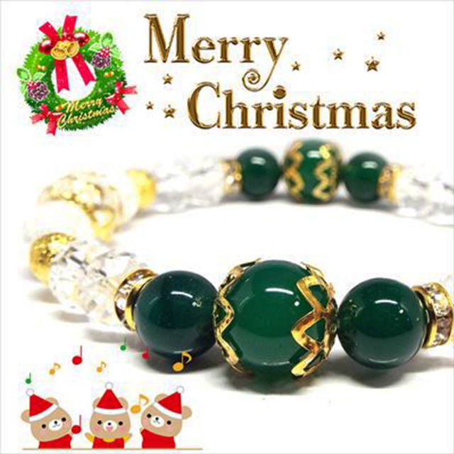 【Happy Xmas♪】天然石グリーンメノウ&クラック水晶 クリスマスデザインブレスレット(10mm)★
