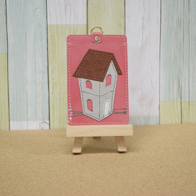 かわいいパスケース ピンク 山猫軒 注文の多い料理店より 宮沢賢治 一点モノ ハンドメイド 革小物 牛皮革 むぅ工房