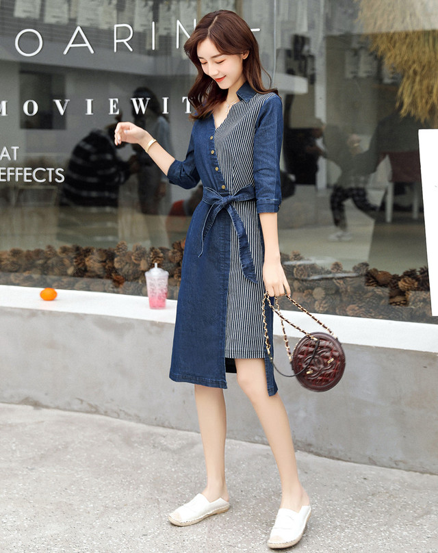 ワンピース Aラインワンピース デニム ジーンズ 七分袖 ひざ丈 ひざ下丈 ヒッコリー アシンメトリー カジュアル お洒落 原宿 渋谷 G6 Mhf Clothes