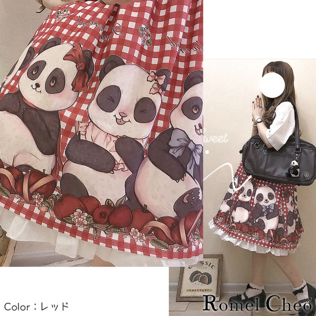 Romelcheo パンダ ワンピース キャミワンピ ノースリーブ チェック ギンガムチェック 水玉 ドット 膝丈 Aライン ハイウエスト フリル レース ゴシックロリータ ゴスロリ レディース 原宿系 病みかわ ゆめかわ ガーリー かわいい ロメルチェオ Romelcheo