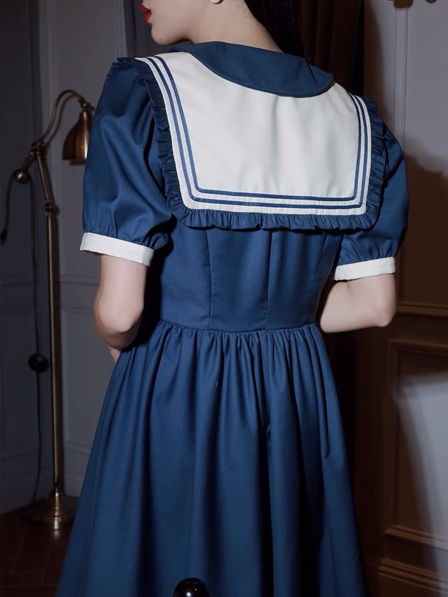 ネイビー グリーン ワンピース セーラー スカート Xl ガーリー Loveysmileshop