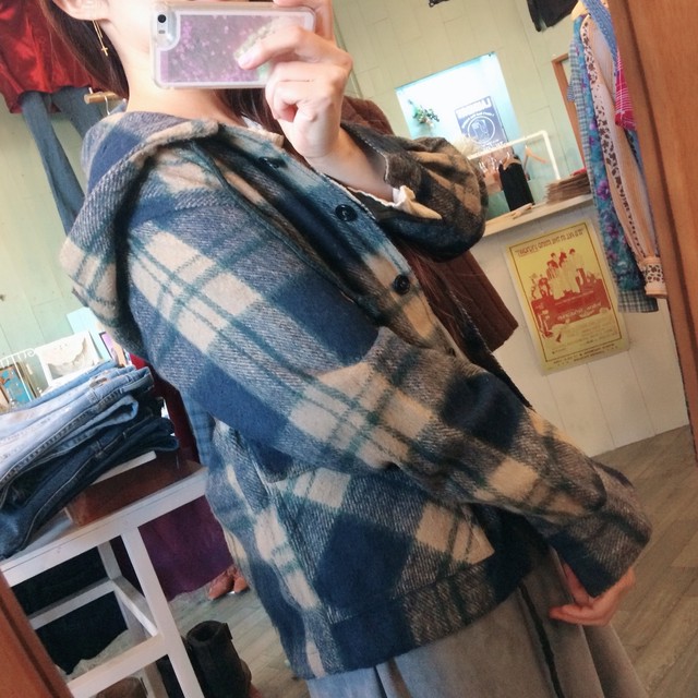 古着 ベージュ 青 緑 チェック柄 ウール ジャケットサイズ レディース M Vintage Check Wool Jacket 陽気な古着屋frank