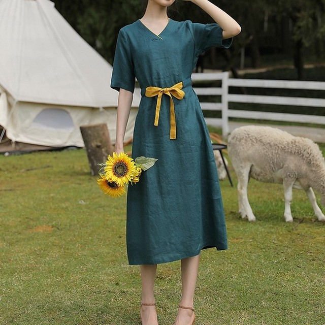 ワンピース 麻綿リネンコットン ひざ丈 ミディ丈 Vネック 半袖 ウエストリボン シンプル 無地 きれいめ レトロ ゆったり カジュアル お出かけ デート リゾート デイリー 普段着 夏 グリーン Like Fashion