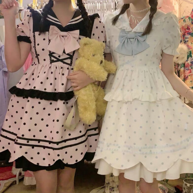 2カラー ワンピース ガーリー リボン 水玉 水色 ピンク ガーリー ラブリー 姫 ロリータ Loveysmileshop