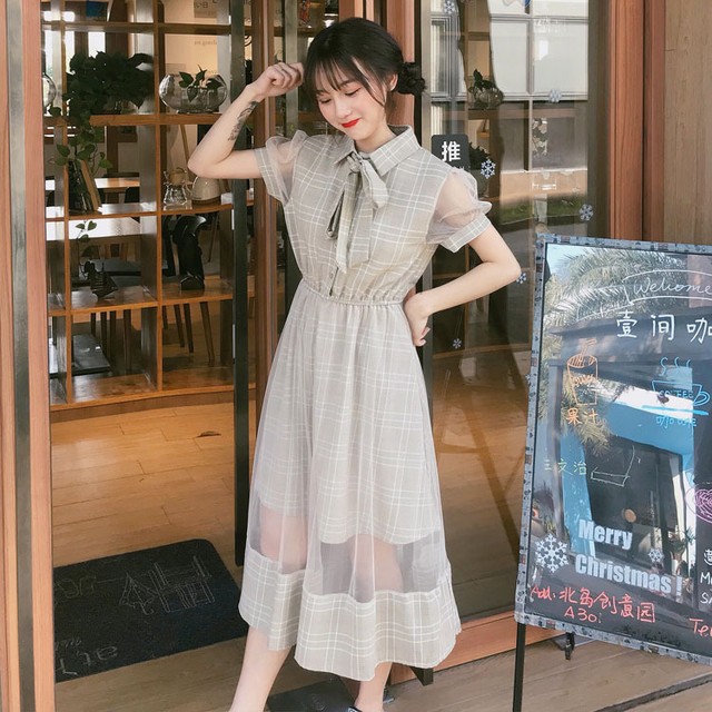 送料無料 シースルー リボンタイ チェック柄 ワンピース パステルカラー ガーリー デート お出掛け お洒落 Casualheart
