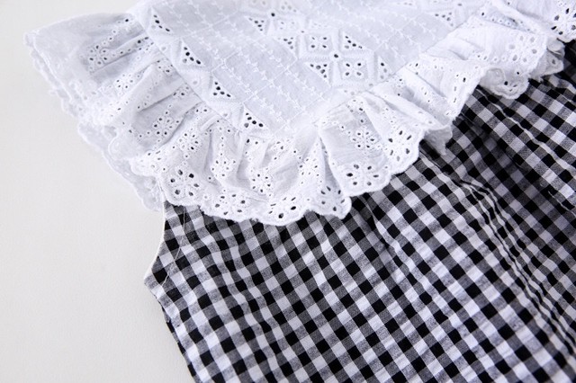 即納 90 100 ギンガムチェックワンピース 清楚 黒 ガーリー レース カットレース 刺繍 ギンガムチェック Coto Select