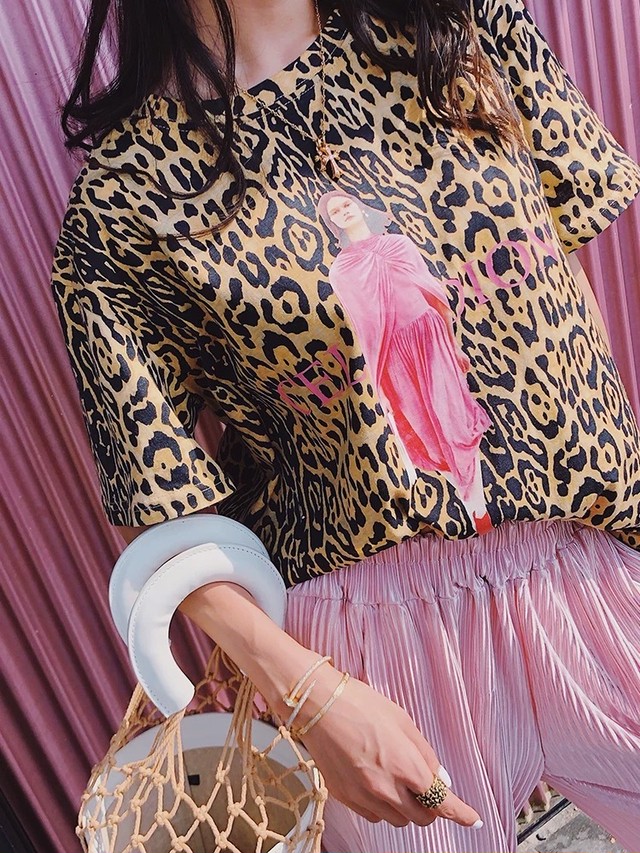 レオパード Tシャツ トップス ヒョウ柄 アニマル ピンク カジュアル ブラウン ストリート Loveysmileshop