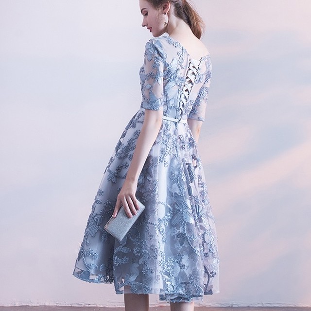 国内即納 即日配送 パーティードレス ワンピース ドレス ワンピ ブルーグレー 花柄 レース 五分袖 ミモレ丈 ミディアム フォーマル ミニドレス カラードレス セレモニー 代 30代 二次会 花嫁 キャバ 演奏会 お呼ばれ 結婚式 ゲストドレス Aライン レディース 服 Dress