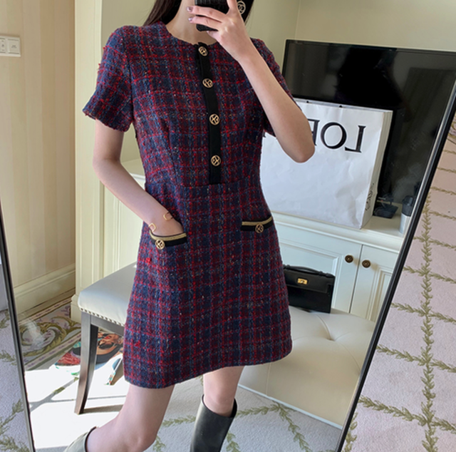 ツイードワンピ ツイード ワンピース ツイードワンピース 半袖 膝上丈 膝丈 パープル 紫 ボタン ポケット チェック 格子柄 ウエストシェイプ スタイルアップ 着やせ シック フェミニン 華やか かっこいい カジュアル 通学 お出かけ 女子会 デート 春 夏 レディース