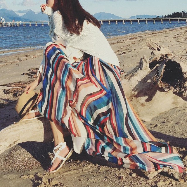 レディース マキシ丈 カラフル スカート ストライプ シフォン ハイウエスト フレア カジュアル レトロ お出かけ デート 春 夏 Officewalaa オフィスワラア レディースファッション スタイル