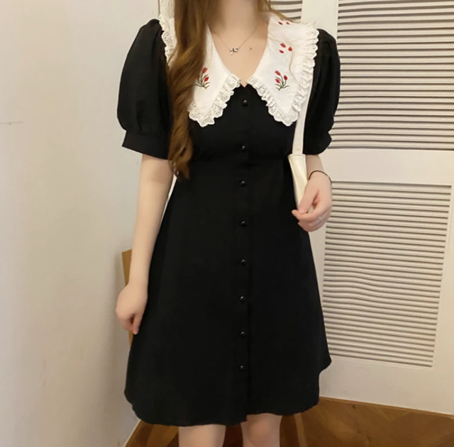 ブラック刺繍襟付きワンピース Honeyant