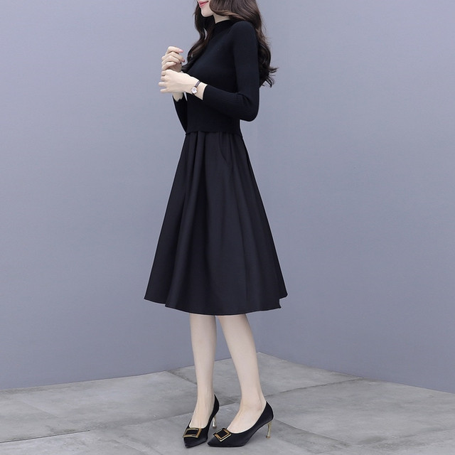 きれいめ配色ワンピース 切り替えワンピース レディース シーンレス ワンピース ミディ丈 ひざ下丈 異素材 長袖 ブラック 異素材ミックス 春 フレア ワンピース 黒 エレガント Officewalaa オフィスワラア レディースファッション スタイル