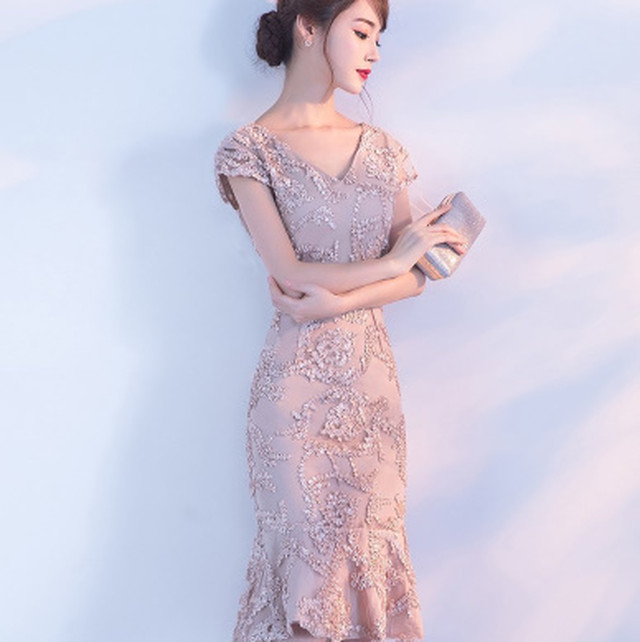 上品シャンパンベージュマーメードライン ワンピースドレス パーティードレス ゲストドレス 512 Dressy Lily ドレッシーリリー プチプラドレスワンピース専門店