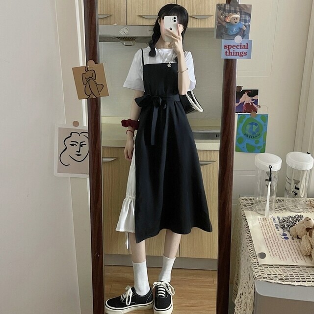 ロングスカート サスペンダー ａライン 無地 リボン プリーツ ハイウエスト 大人可愛い フェミニン ガーリー お出かけ 通勤 デート 春 夏 黒 Evergreen