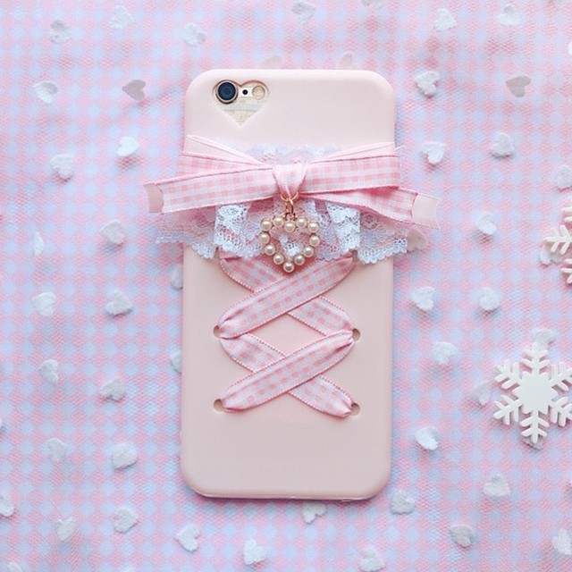 レースアップ リボン パールのハートチャーム付き Iphone シリコン ケース ソフト ピンク ロリータファッション Lolita 1136 Sweet Closet