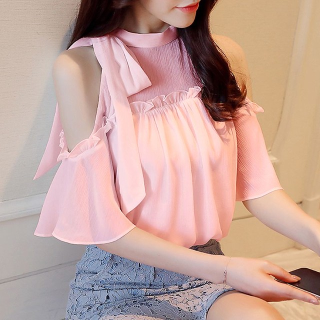 肩出しシフォントップス レース フリル フェミニン デート服 セクシー Ruru