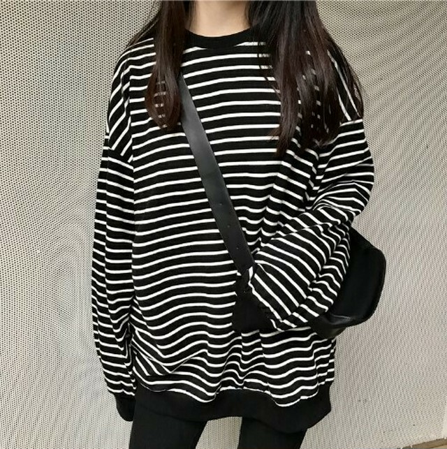 長袖プルオーバー トレーナー スウェット カットソー ビッグシルエット ドロップショルダー レディース ボーダー おしゃれ ロング丈 チュニック ラウンドネック オーバーサイズ カジュアル 長袖 Torehapi