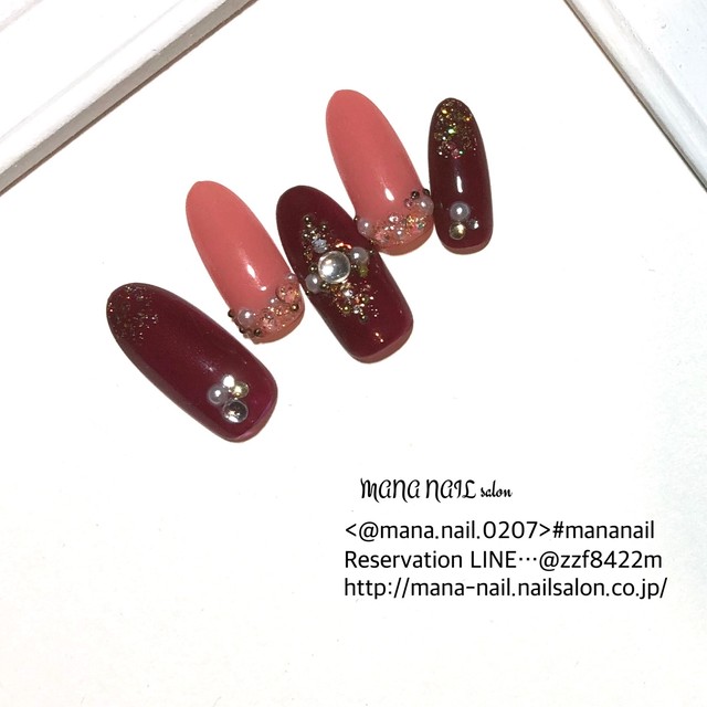 70 新作 ネイルチップ ボルドー ピンク ビジュー 秋ネイル ネイルチップオーダー Mana Nail Salon By Goods