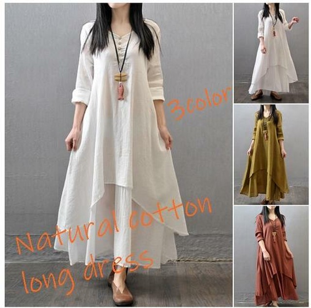 ホワイト レディース ワンピース リネン ロング丈 マキシ丈 ワンピ フレアワンピ マキシワンピース リゾートワンピース 長袖 綿 麻 ロング シンプル 春 夏 Occupation