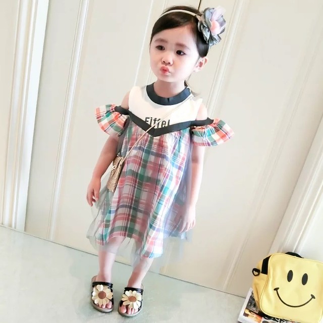 女の子 夏 ワンピース オフショルダー チェック柄 おしゃれ 80 1cm Dyh海外子供用品