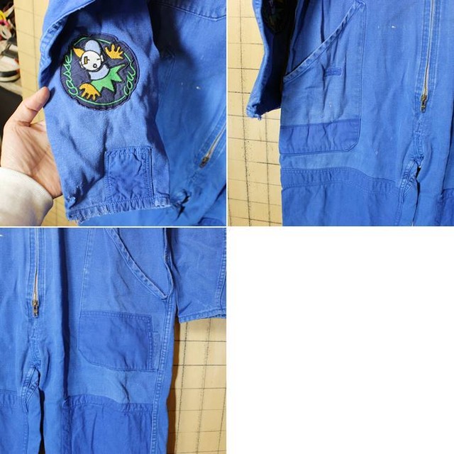 60s 70s フランス製 ワーク オールインワン ツナギ ロイヤルブルー W45相当 リペア リメイク ワッペン ヨーロッパ古着 0226ss126 古着屋ataco Garage