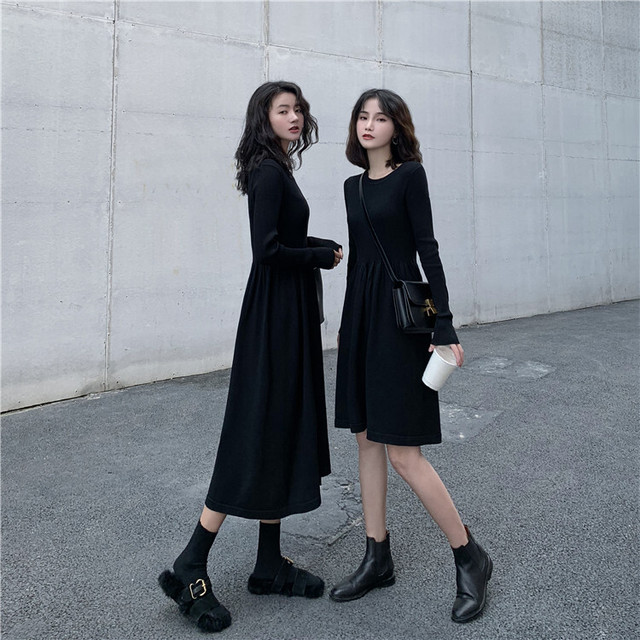 全2色 選べる丈 ニットワンピース ニットドレス ロング丈 ミニ丈 ブラック ホワイト ラウンドネック 長袖 大人かわいい 双子コーデ 休日コーデ デート 秋 冬 韓国 オルチャン Like Fashion