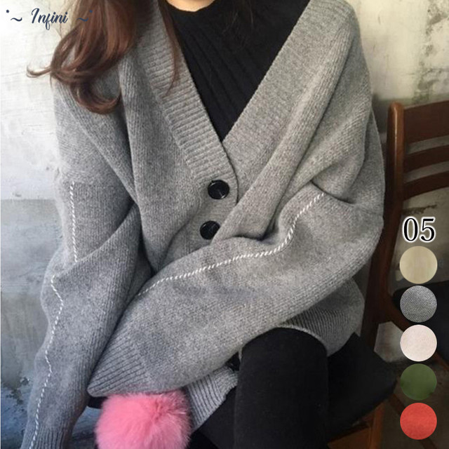 ニットカーディガン レディース アウター ゆったり トップス 羽織り Vネック カーディガン 無地 シンプル 秋冬 ドロップショルダー カーデ Infini Arc En Ciel
