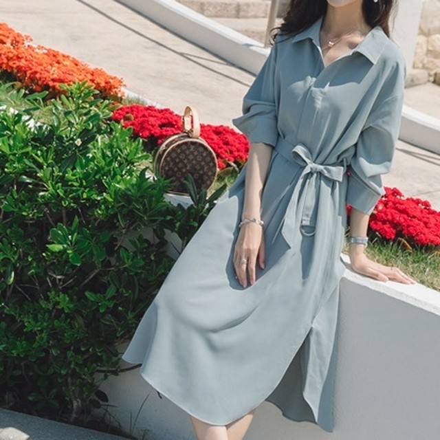 ワンピース レトロ ミドル丈 無地 ウエストタイ Aライン サイドスリット 可愛い 長袖 シンプル ガーリー フェミニン おでかけ デート 通勤通学 秋冬 M Fun H