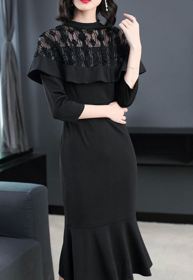 ポンチョ ケープ クラシカルな ブラック ワンピース レース 長袖 フォーマル ドレス 結婚式 二次会 披露宴 お呼ばれ パーティー 謝恩会 M072 Hollys Design