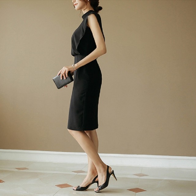 黒ドレス 黒ワンピース 黒ワンピ ドレス ワンピース ワンピ 通販 通販ドレス 通販ワンピース 通販ワンピ レディース 女性用 黒 ノースリーブ ハイウエスト ひざ丈 バックファスナーフリル 無地 パーティー 結婚式 二次会 披露宴 食事会 お呼ばれ 行事 イベント ナイト