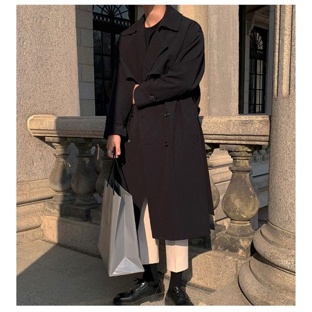 予約販売 トレンチコート アウター ロング丈 メンズ ビジネス 無地 ウエストベルト ブラック ベージュ 防寒 お洒落 こなれ感 ベーシック 秋冬 大きいサイズ M L Xl Favoriteselect