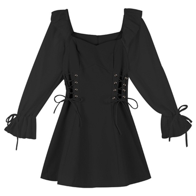 送料無料 ワンピース ミニ丈 ミニワンピース ガーリー 可愛い キュート レースアップ 肩フリル ふんわり シアー袖 袖しぼり 長袖 キャンディスリーブ ハイウエスト フレア Aライン バックファスナー おしゃれ シンプル 無地 2色展開 ピンク ブラック 大人 カジュアル