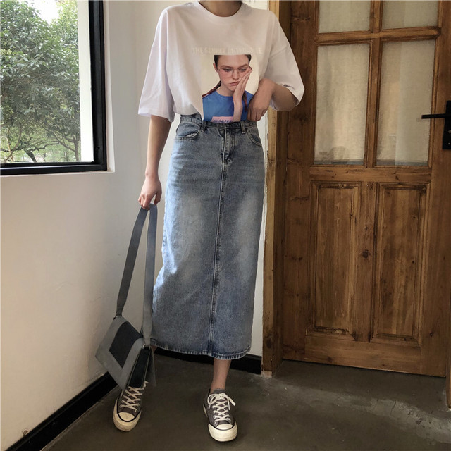 デニムスカート ミモレ丈 ロング丈 タイト スリット ダメージ 色褪せ ブルー スマート カジュアル 代 30代 春 Tk1 Sunny Place