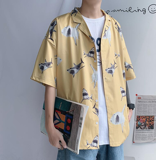 総柄シャツ カットソー サメ柄 夏感シャツ メンズトップス 3色 Nikkihouse