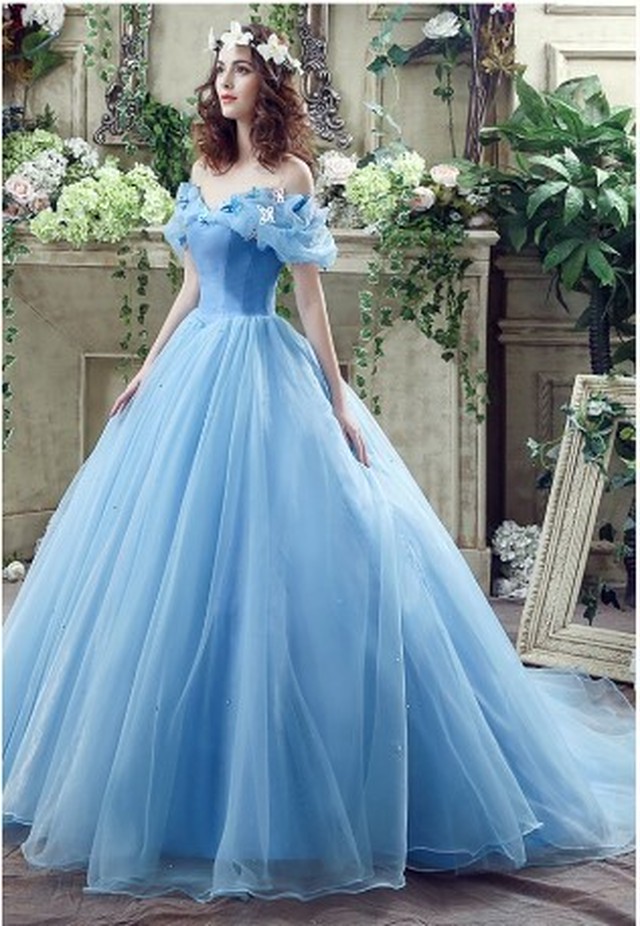 カラードレス 青 ブルー 上質オーガンジー オフショル プリンセスライン トレーン 編み上げ シアーな美しさ ロングドレス Ynswedding23