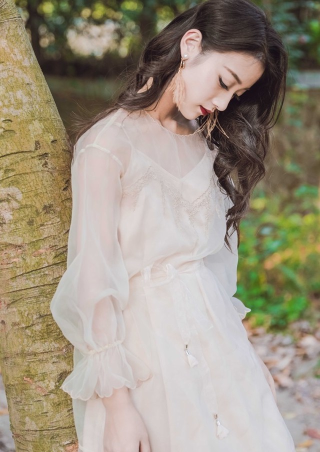 シフォンワンピース フレアワンピース フリル シースルー シンプル ガーリー キュート ボヘミアン 長袖ワンピース ウッディーベース1号店