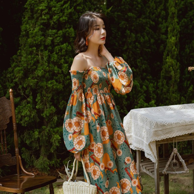 ワンピース 花柄 ひざ丈 オフショルダー 長袖 バリ風 ビーチ 大人可愛い リゾート 春夏 Lifenity ワンピース 花柄 ひざ丈 オフショルダー 長袖 バリ風 ビーチ 大人可愛い リゾート 春夏 Lifenity
