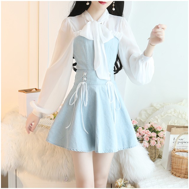 秋物 ワンピース フレアワンピース シフォンブラウス ドッキングワンピース リボン フレア ミニ丈 長袖 デート お呼ばれ Magnifique