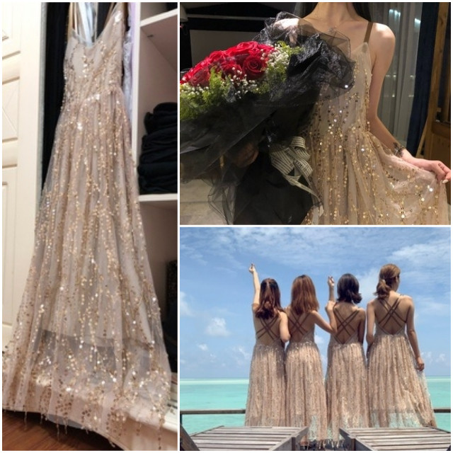 予約販売 結婚式 ドレス ワンピース リゾートワンピース 結婚式 おすすめ お呼ばれ 二次会 可愛い ノースリーブ スパンコール バッククロス ロングワンピース ワンピ オシャレ 上品 大人 ハイウエスト ｖネック 個性的 セクシー シャンパン Favoritdress