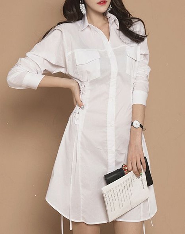 シャツワンピース 白 長袖 春 白 ワンピース ドレス 膝丈 ドレス タイトスカート セクシー フレア Aライン デート Jm3185 Dress No Sato
