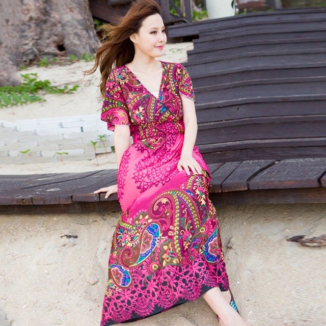 送料無料 3色 ボヘミアン エスニック ワンピース カシュクールワンピース Vネック 半袖ワンピース 半袖ワンピース マキシワンピース マキシ丈 ハイウエスト 脚長効果 ウエストゴム フレアシルエット 春 夏 体型カバー ワンピース リゾートワンピース リゾートドレス 大人
