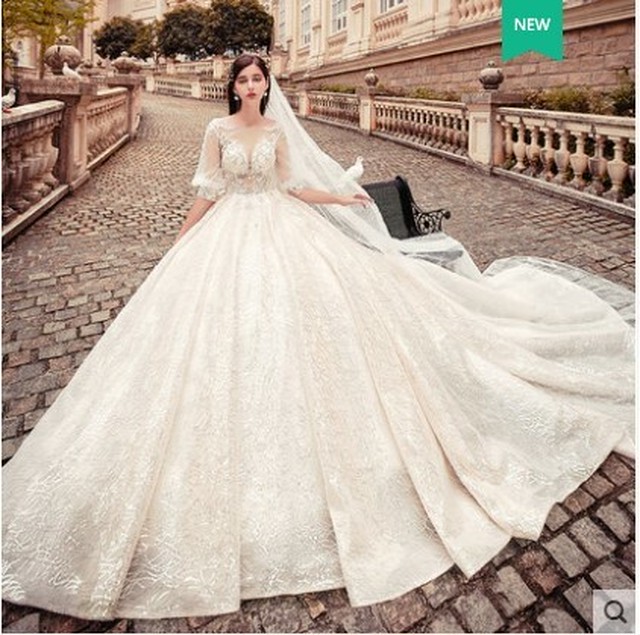 ウエディングドレス プリンセスライン ロングトレーン 花柄のモチーフ刺繍が美しく 花嫁 結婚式 高品質 Cinderelladress