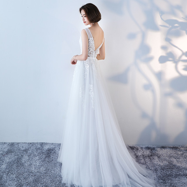 シンプルで可愛い ウエディングドレス ノースリーブ トレーン ホワイト シフォン レース 結婚式 二次会 海外挙式 衣装 パーティー H186 Hollys Wedding